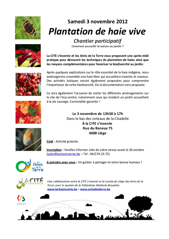 Affiche Plantation de haie le 3 novembre 2012 à Liège